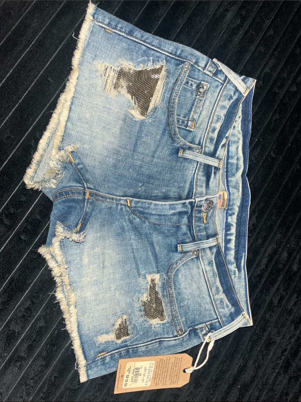 True Religion Light Blue Distressed Denim Shorts with Sequin Patches
